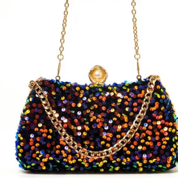Multicolor Sequin Clutch with Gold Chain NWT - Picture 2 of 4